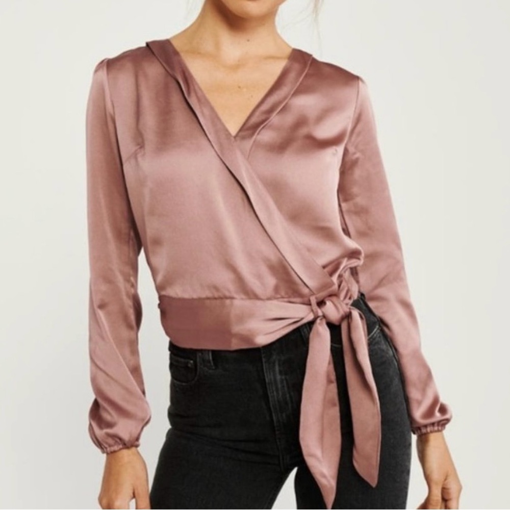 Abercrombie & Fitch Satin Wrap Blouse in Dusty Rose